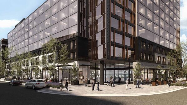 Rendering of Vineyard Station building within Utah City.