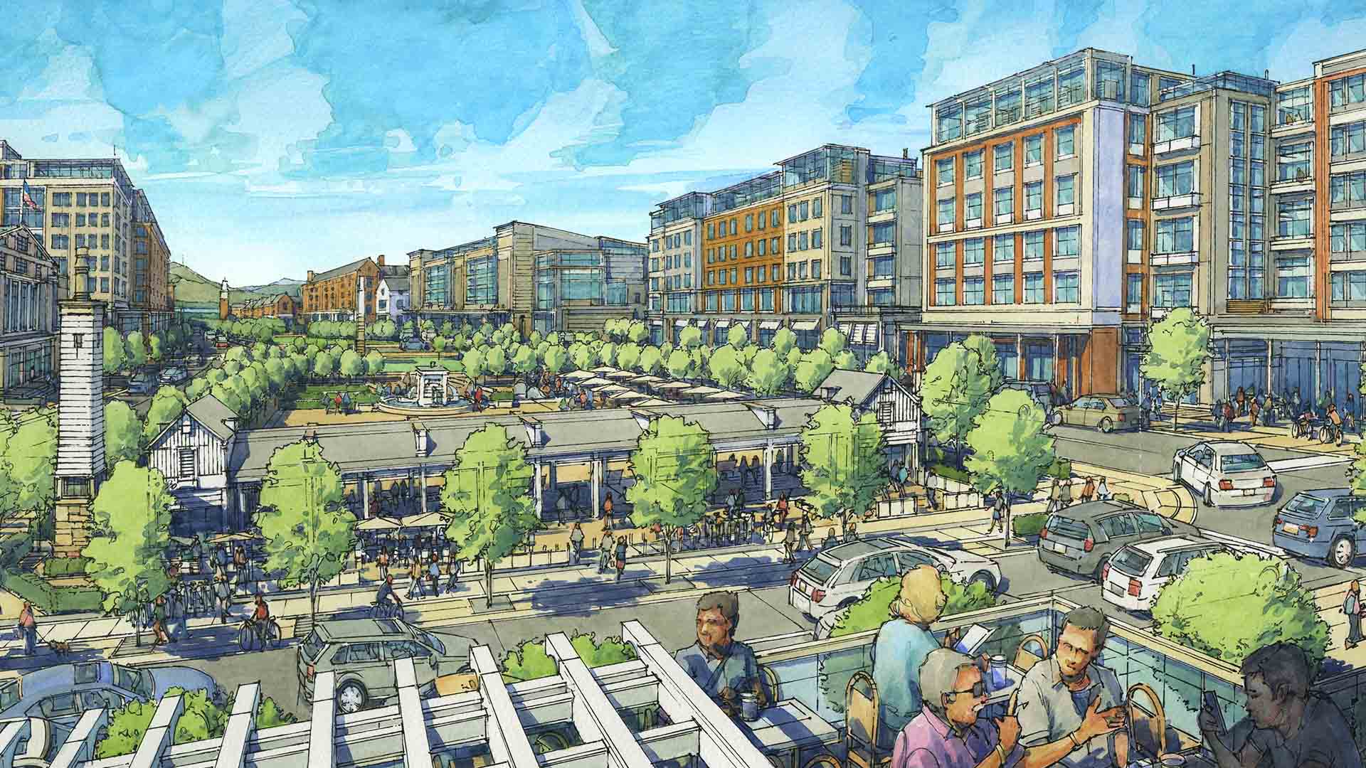 Watercolor rendering of park overlooked by terrace in Utah City