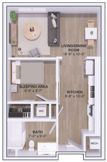 Rendering of the 5A-0B floor plan with a Studio bedroom and 1 bathroom[s] at 120 & 220 Bend