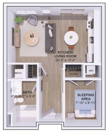 Rendering of the 5A-0C floor plan with a Studio bedroom and 1 bathroom[s] at 120 & 220 Bend