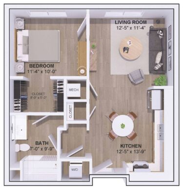Rendering of the 5A-1B floor plan with 1 bedroom[s] and 1 bathroom[s] at 120 & 220 Bend