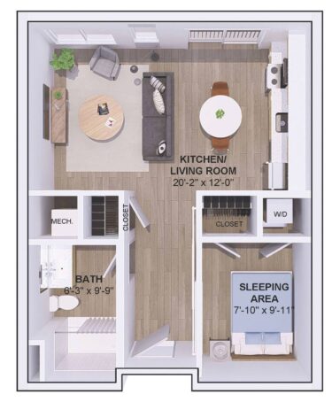 Rendering of the 5A-1C floor plan with 1 bedroom[s] and 1 bathroom[s] at 120 & 220 Bend