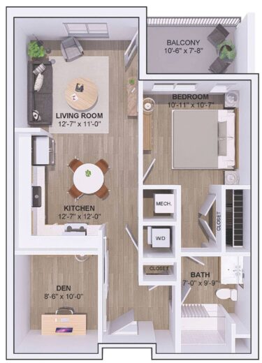 Rendering of the 5A-1D floor plan with 1 bedroom[s] and 1 bathroom[s] at 120 & 220 Bend