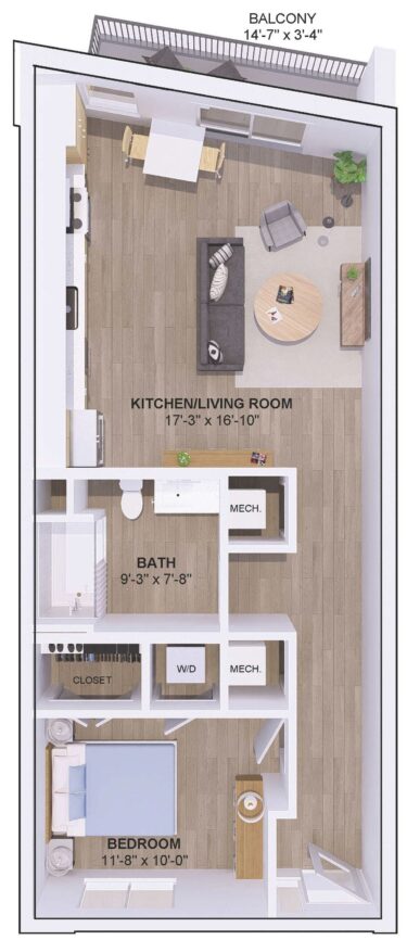 Rendering of the 5A-1H floor plan with 1 bedroom[s] and 1 bathroom[s] at 120 & 220 Bend