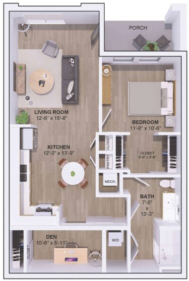 Rendering of the 5A-1N floor plan with 1 bedroom[s] and 1 bathroom[s] at 120 & 220 Bend