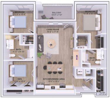 Rendering of the 5A-2B floor plan with 2 bedroom[s] and 2 bathroom[s] at 120 & 220 Bend