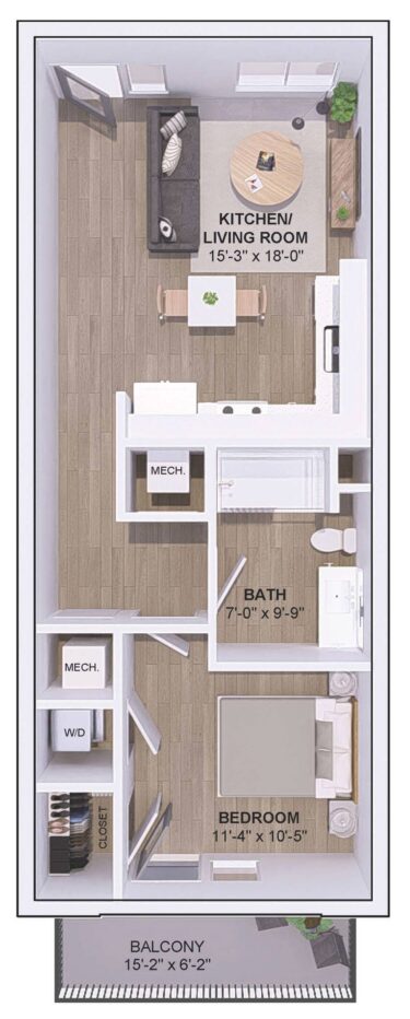 Rendering of the 5B-1A.A floor plan with 1 bedroom[s] and 1 bathroom[s] at 120 & 220 Bend