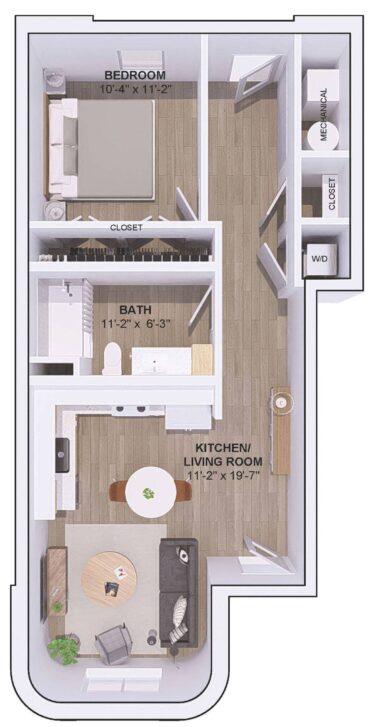 Rendering of the 5B-1B floor plan with 1 bedroom[s] and 1 bathroom[s] at 120 & 220 Bend