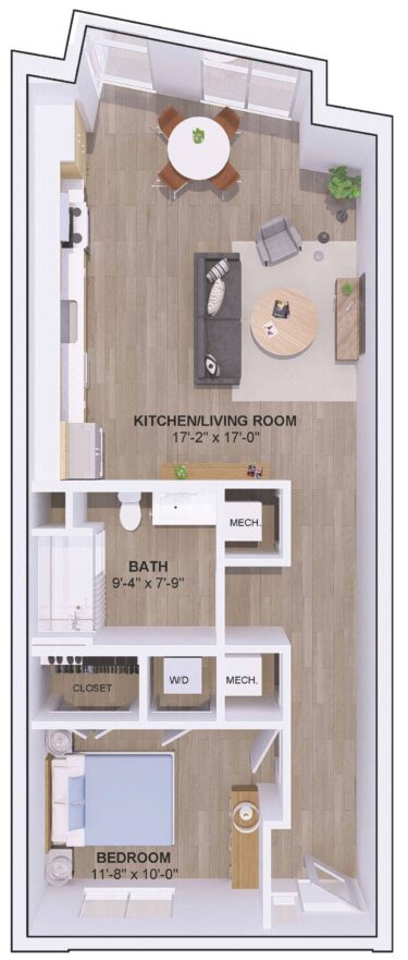 Rendering of the 5B-1D floor plan with 1 bedroom[s] and 1 bathroom[s] at 120 & 220 Bend