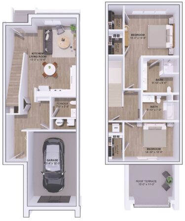 Rendering of the 5B-2A floor plan with 2 bedroom[s] and 2.5 bathroom[s] at 120 & 220 Bend
