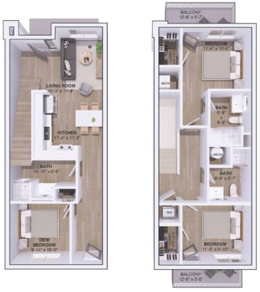 Rendering of the 5B-2D floor plan with 2 bedroom[s] and 3 bathroom[s] at 120 & 220 Bend