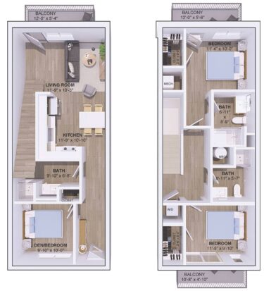 Rendering of the 5B-2F1 floor plan with 2 bedroom[s] and 3 bathroom[s] at 120 & 220 Bend