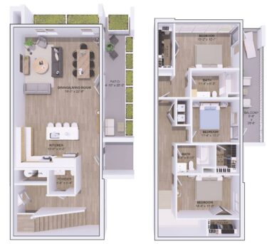 Rendering of the 5B-3B floor plan with 3 bedroom[s] and 3 bathroom[s] at 120 & 220 Bend