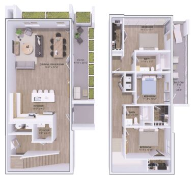 Rendering of the 5B-3C floor plan with 3 bedroom[s] and 3 bathroom[s] at 120 & 220 Bend