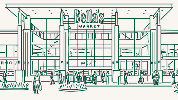 Line drawing of Bella's Market at Utah City.