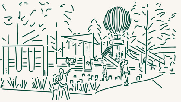 Line drawing of playground at Utah City.