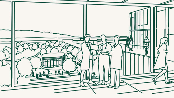 Line drawing of Huntsman Cancer Institute at Utah City.