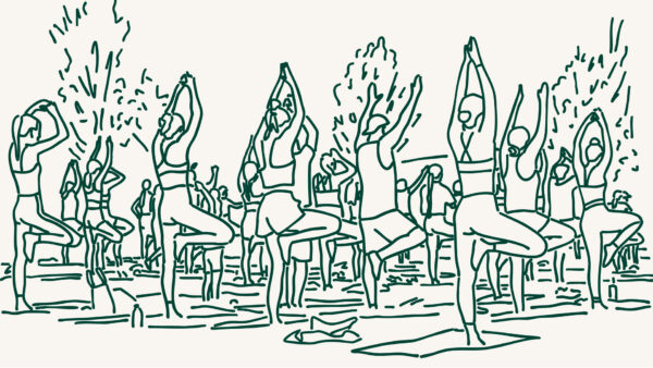 Line drawing of outdoor yoga event at Utah City.