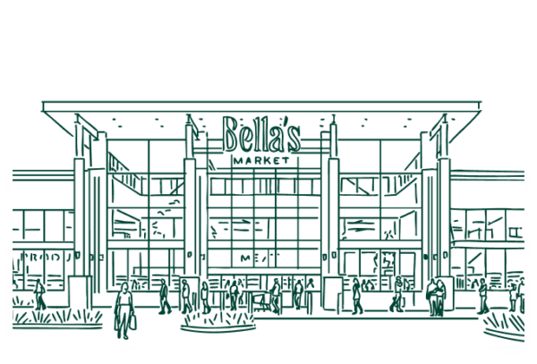 Line drawing of Bella's Market at Utah City.