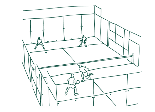 Line drawing of people playing pickleball at Utah City.